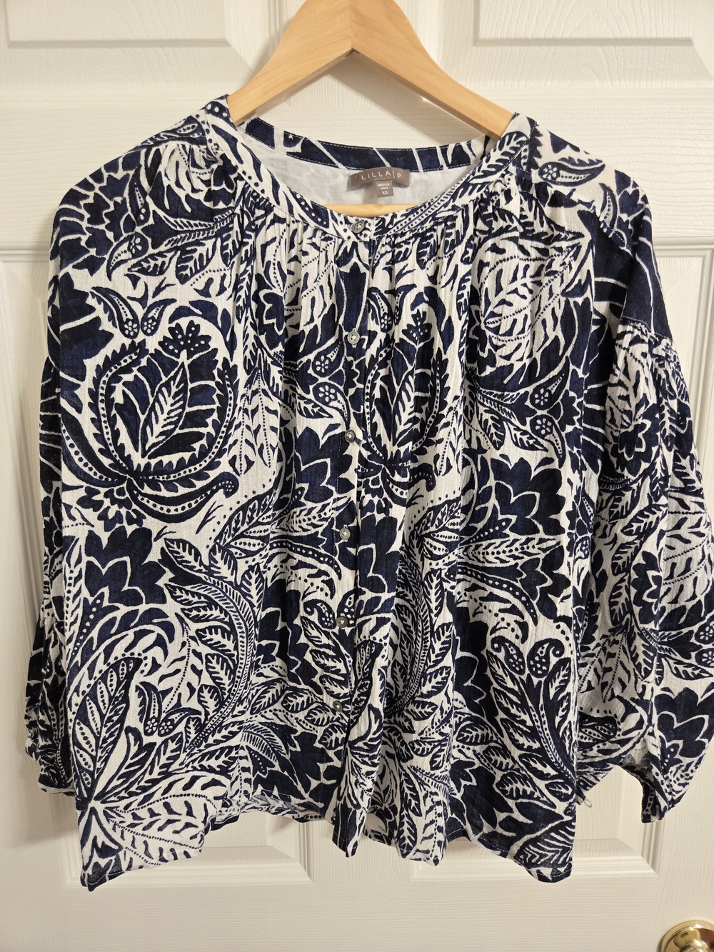Lilla P Navy and White Printed Cotton Button-Front Women's Top Size XS